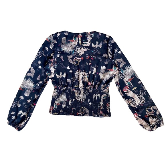 Nicole Miller NY black long puff sleeve blouse smocked waist holiday print XS - Picture 14 of 14